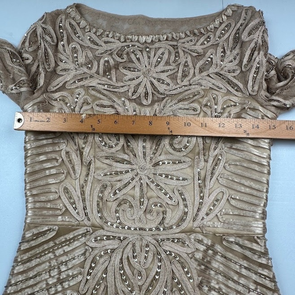 Sue Wong Dress Womens 4 Beige Beaded Long Sleeve Cocktail Wedding Guest Gala - Picture 12 of 15